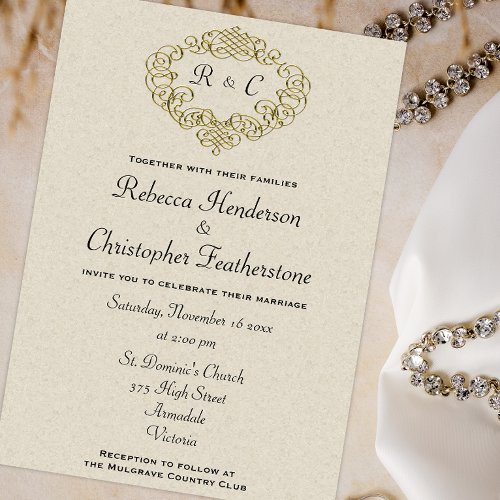 Golden Crest Monogrammed Elegance Beige Wedding Invitation