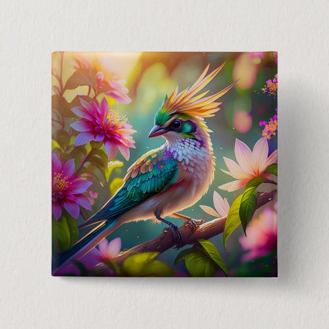 Golden Crested Green Headed Finch Fantasy Bird Button (Front)