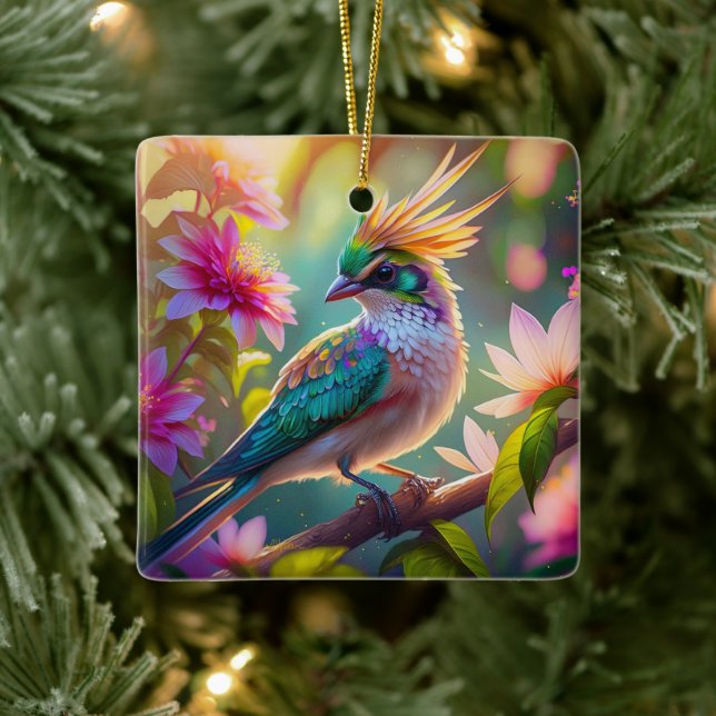 Golden Crested Green Headed Finch Fantasy Bird Ceramic Ornament (Tree)