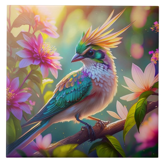 Golden Crested Green Headed Finch Fantasy Bird Ceramic Tile (Front)