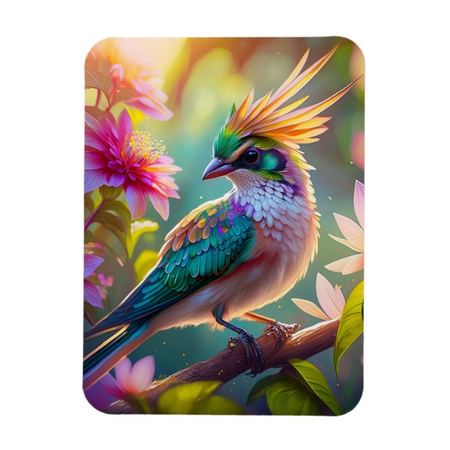Golden Crested Green Headed Finch Fantasy Bird Magnet (Vertical)