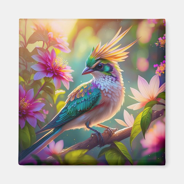 Golden Crested Green Headed Finch Fantasy Bird Magnet (Front)