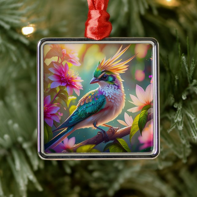 Golden Crested Green Headed Finch Fantasy Bird Metal Ornament (Tree)