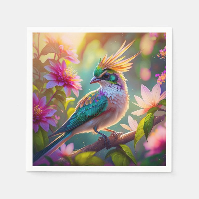 Golden Crested Green Headed Finch Fantasy Bird Napkins (Front)