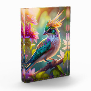 Golden Crested Green Headed Finch Fantasy Bird Photo Block