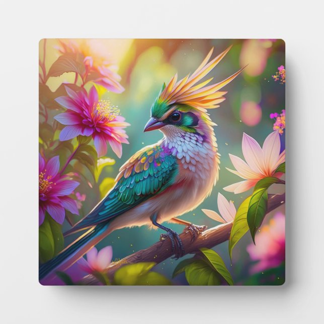 Golden Crested Green Headed Finch Fantasy Bird Plaque (Front)