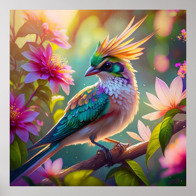 Golden Crested Green Headed Finch Fantasy Bird Poster (Front)