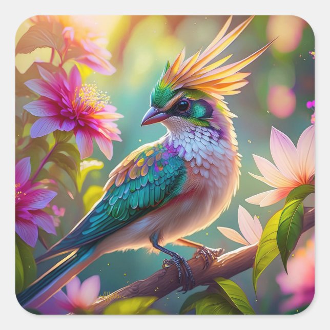 Golden Crested Green Headed Finch Fantasy Bird Square Sticker (Front)