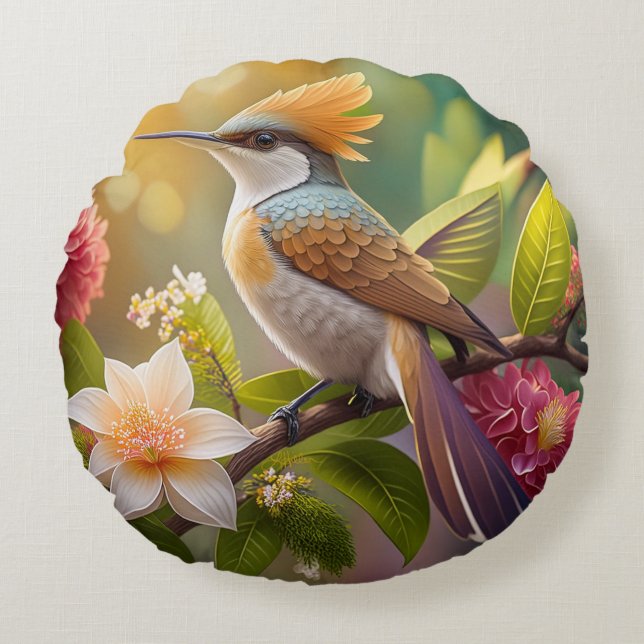 Golden Crested Honeyeater Fantasy Bird Round Pillow (Front)