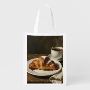 Golden Croissant Coffee Still Life Grocery Bag