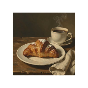Golden Croissant Coffee Still Life Wood Wall Art