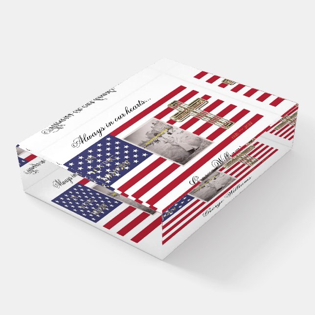 Golden Cross American Flag In Loving Memory Paperweight (Angled)
