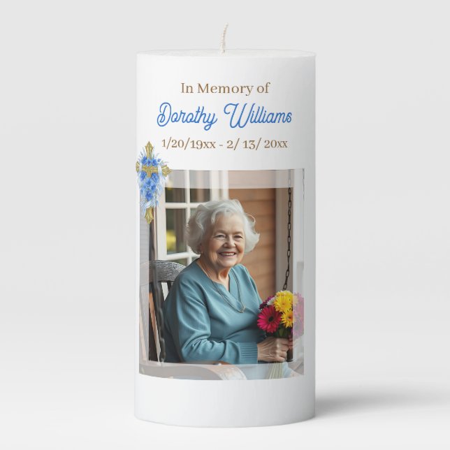 Golden Cross and Flowers Memorial Keepsake Pillar Candle (Front)