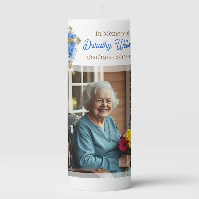 Golden Cross and Flowers Memorial Keepsake Pillar Candle (Front)