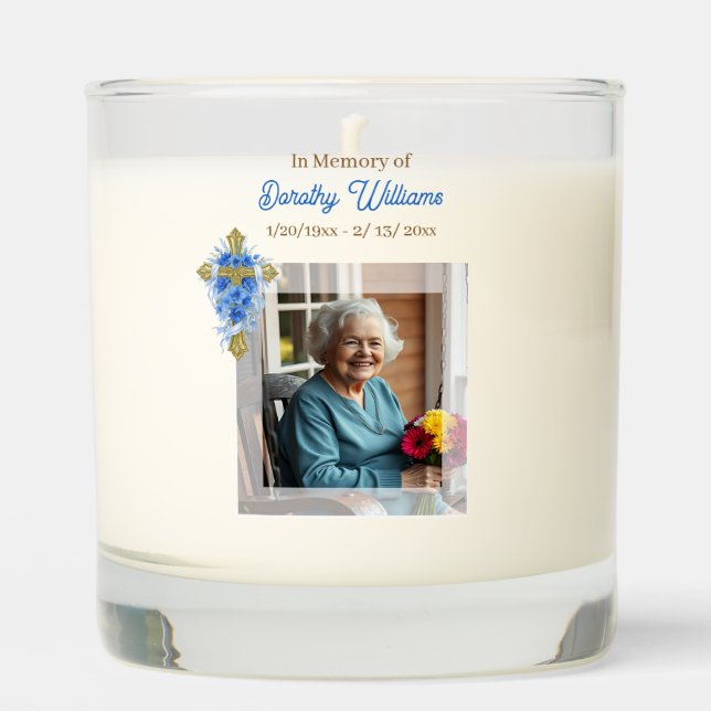 Golden Cross and Flowers Memorial Keepsake Scented Candle (Front)