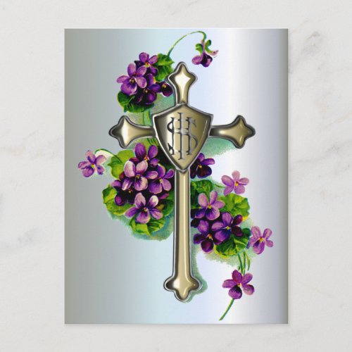 Golden Cross and Purple Easter Flowers Holiday Postcard