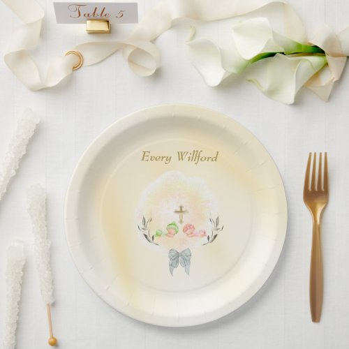  Golden Cross floral baptism paper plates 