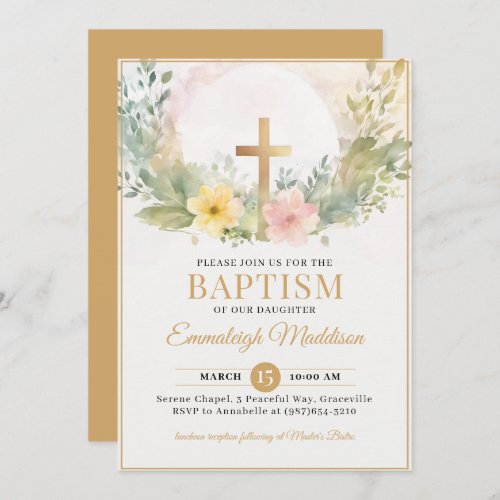 Golden Cross Florals Christening or Baptism Invitation