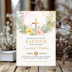 Golden Cross Florals Christening or Baptism Invitation