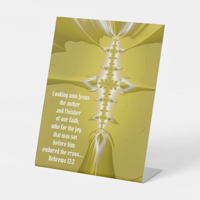 Golden Cross Fractal Art with Bible Verse Pedestal Pedestal Sign (Front)
