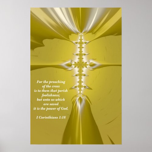 Golden Cross Fractal Art with Bible Verse Poster