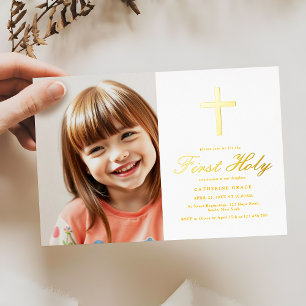 Golden Cross Holy First Communion Photo Real  Foil Invitation