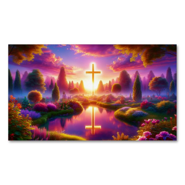 Golden Cross in a Heavenly Paradise Business Card Magnet (Front)