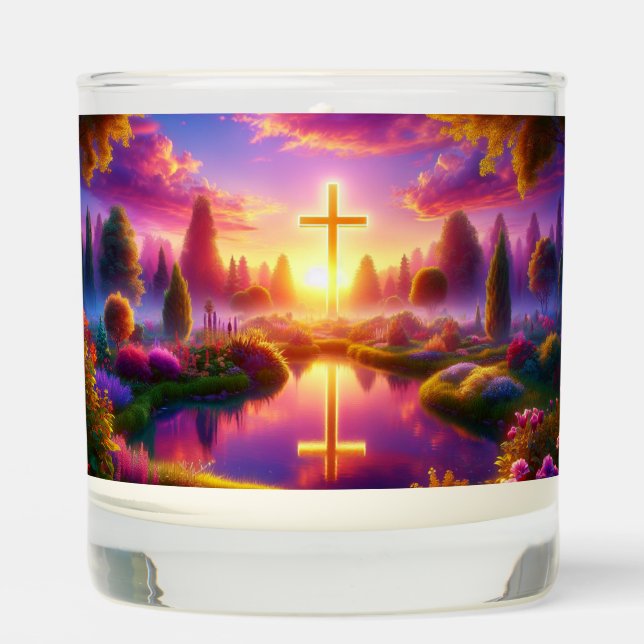 Golden Cross in a Heavenly Tropical Garden Scented Candle (Front)