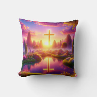 Golden Cross in a Heavenly Tropical Garden Throw Pillow