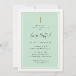 Golden cross minimalist aqua teal boys baptism invitation