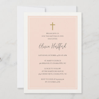 Golden cross minimalist peach girl baptism invitation
