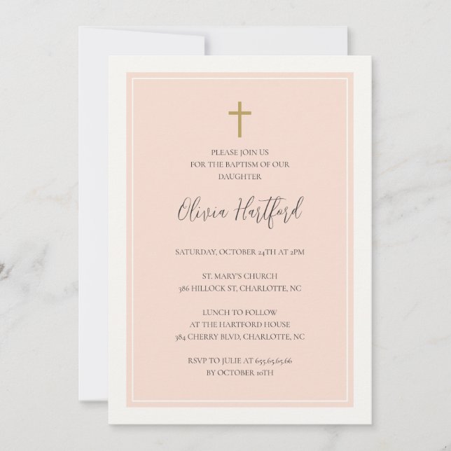 Golden cross minimalist peach girl baptism invitation (Front)