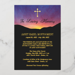 Golden Cross & Sunrise - Funeral Service Foil Invitation