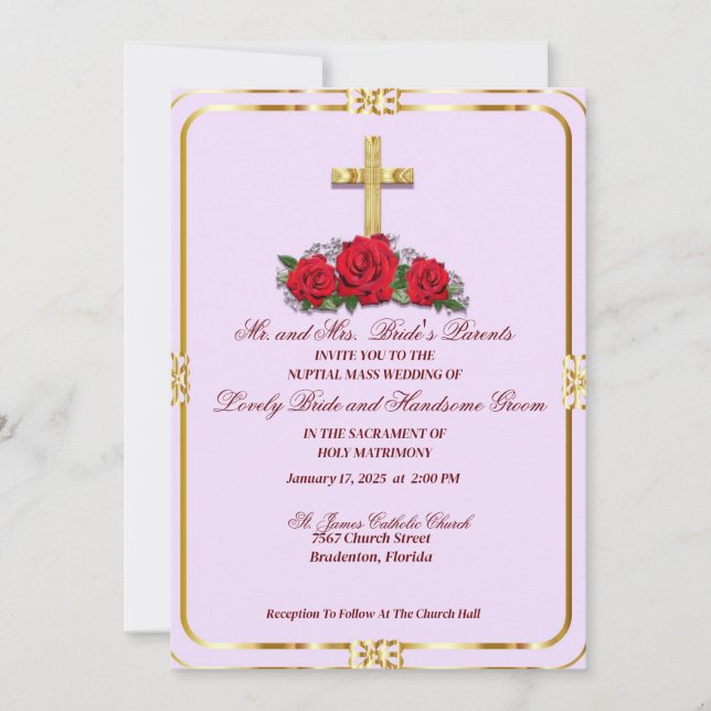 Golden Cross With Red Roses Catholic Invitation (Front)