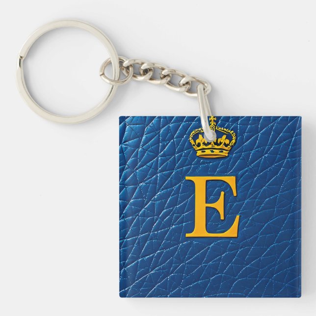 Golden Crown Above Stylish Letter E Keychain (Front)
