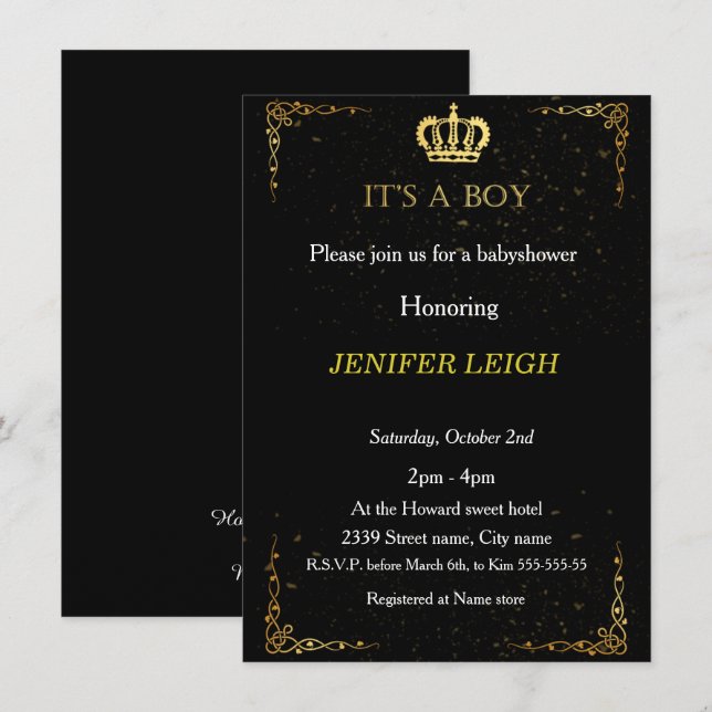 Golden Crown Baby boy shower invitation (Front/Back)