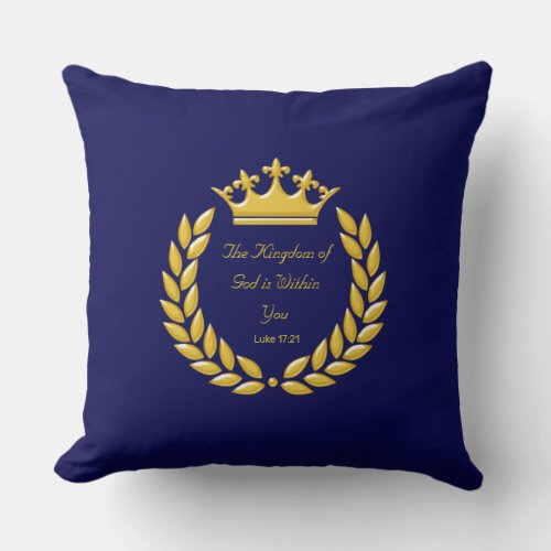 Golden Crown  Bible Verse on Navy Blue Throw Pillow