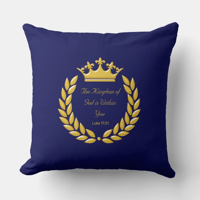 Golden Crown & Bible Verse on Navy Blue Throw Pillow (Front)