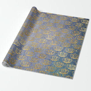 Golden Crown Confetti Royal Gray Blue Velvet Wrapping Paper