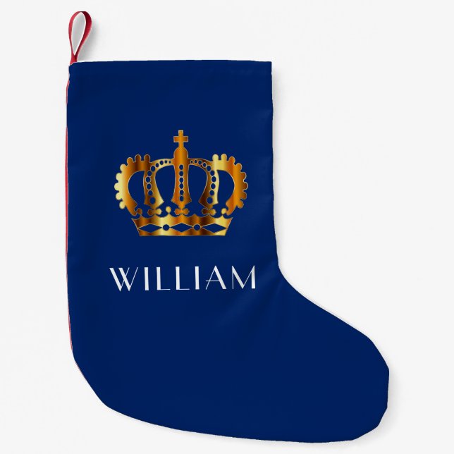 Golden Crown Custom Name Blue Small Christmas Stocking (Front)