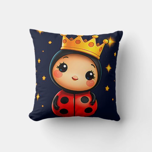 Golden Crown Ladybug Under Twinkling Stars Throw Pillow