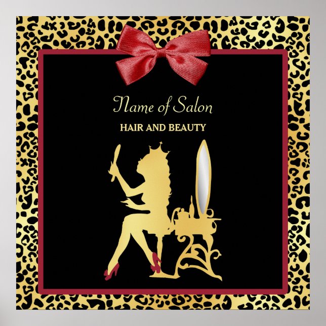 Golden Crown Leopard Print With Red Bow Hair Salon (Front)