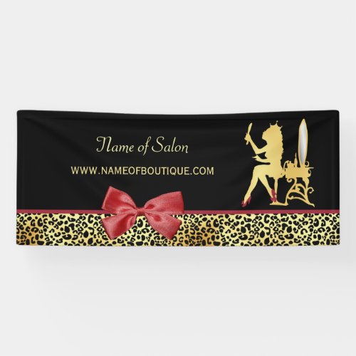 Golden Crown Leopard Print With Red Bow Hair Salon Banner
