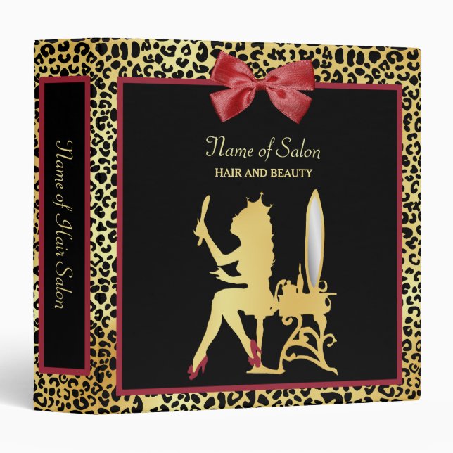 Golden Crown Leopard Print With Red Bow Hair Salon Binder (Front/Spine)