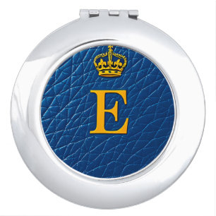 Golden Crown Letter E With Blue Accent ✨ Compact Mirror