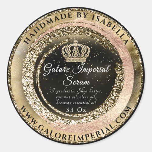 Golden Crown Name Black Glitter Frame Cosmetics  Classic Round Sticker