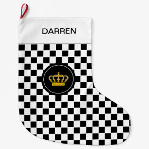 Golden Crown on Black White Checkerboard Pattern Large Christmas Stocking