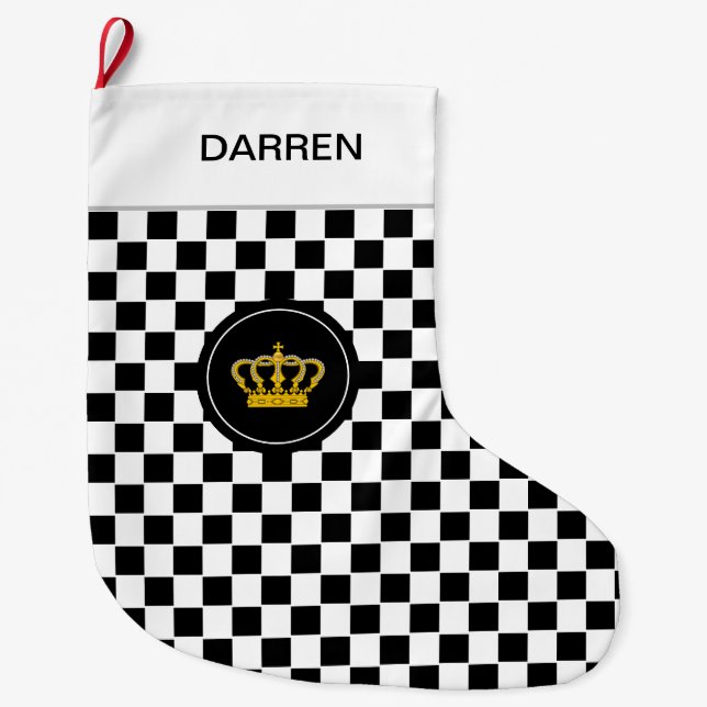 Golden Crown on Black White Checkerboard Pattern Large Christmas Stocking (Front)