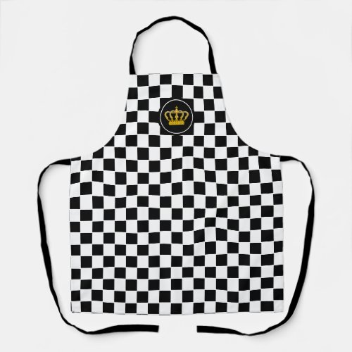 Golden Crown on Black White Chess Pattern Apron