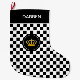 Golden Crown on Black White Chess Pattern Large Christmas Stocking